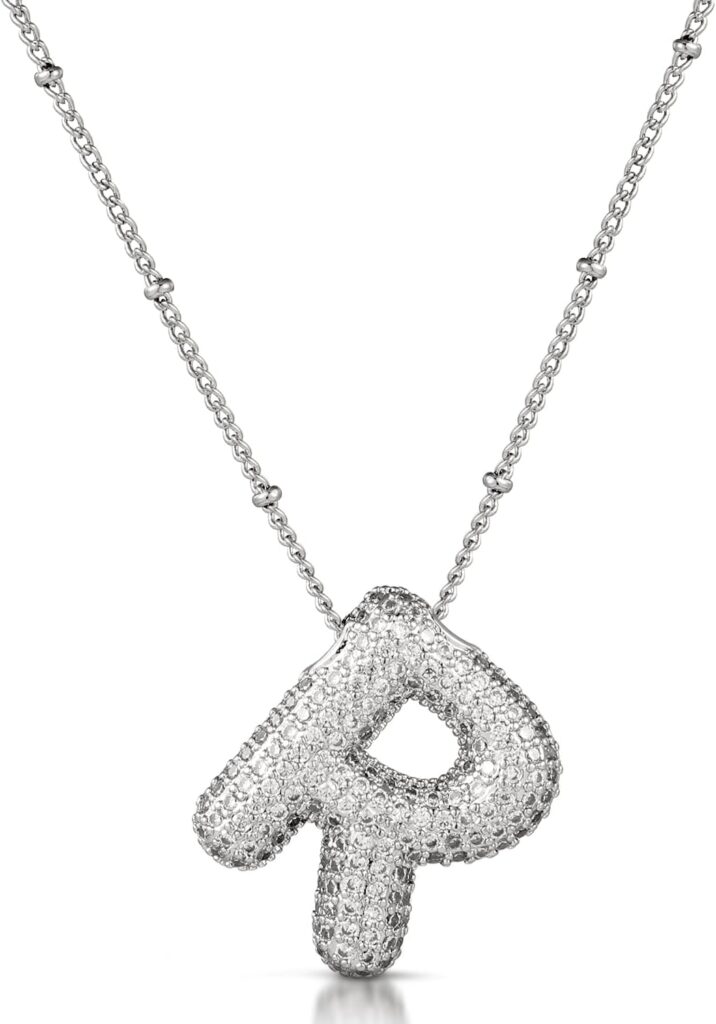 Alphabet Necklace for Women, Silver Zircon Letter Necklace Personalized Diamond Initial Pendant Fashion Crystal Jewelry for Women (R)