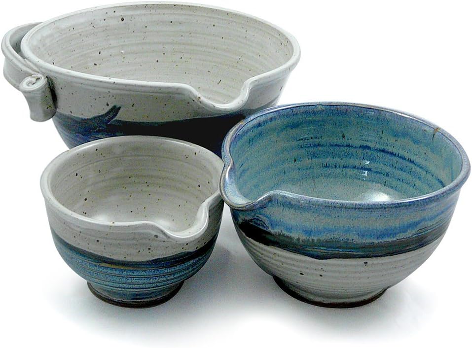 Modern Artisans American Made Stoneware Pottery Batter Bowls, 3-Piece Nesting Set, French Blue Glaze