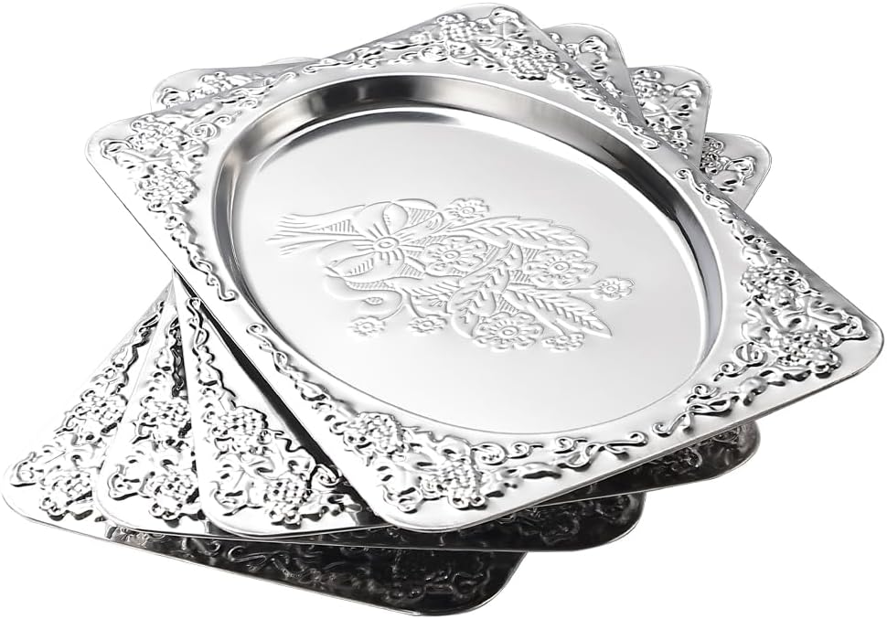 4-Pack Silver Serving Trays Set – ZENOVLUX Vintage Floral Engraved Mirror Decorative Tray, 13.8″ x 8.7″ Party Platters for Whiskey, Cookies, Charcuterie, Snacks, Desserts, Fruit, Party Food Display