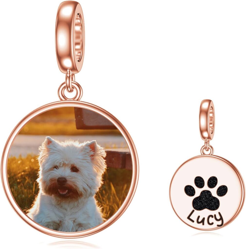 LONAGO Personalized Photo Charms 925 Sterling Silver for Bracelets, Customized Engraved Name Round & Heart Shape Bead Charm, Snake Bracelet Compatible Gift for Women Mom