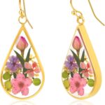 Flower Earrings for Women,925 Sterling Silver Pressed Flower Earrings,Unique Rose Handmade Natural Dried Flowers Round Earrings,Jewelry Gift for Christmas,Valentine’s,Mother’s Day