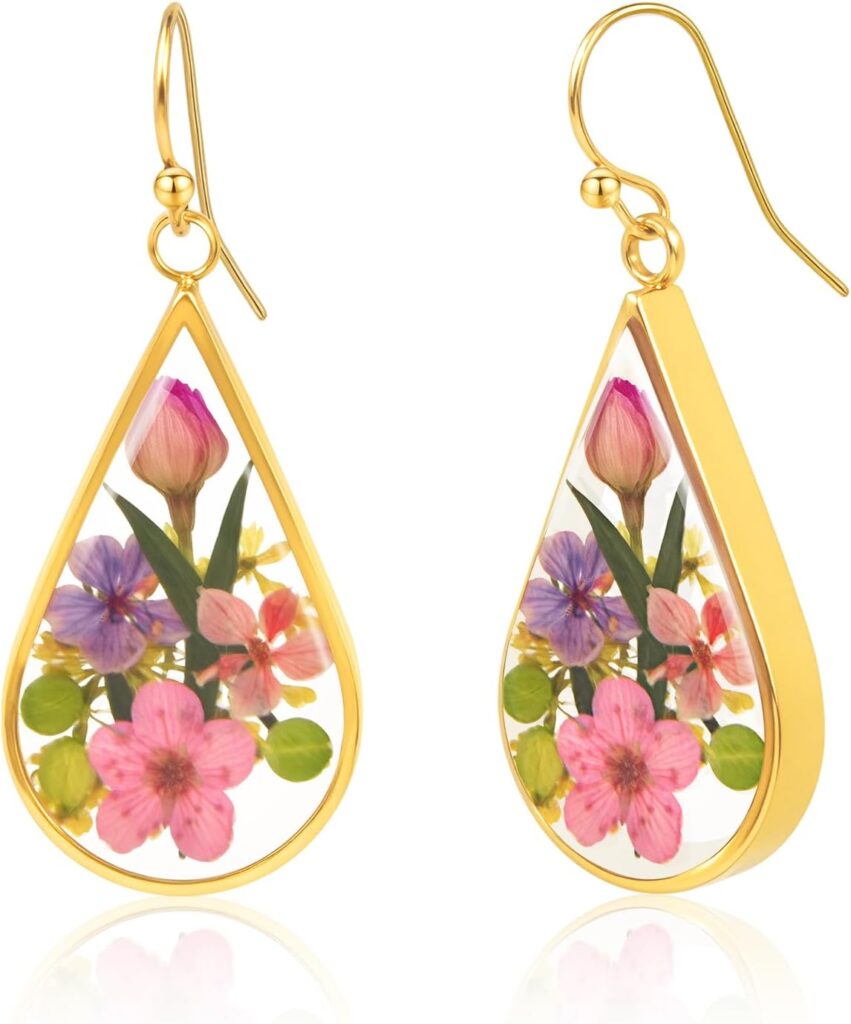 Flower Earrings for Women,925 Sterling Silver Pressed Flower Earrings,Unique Rose Handmade Natural Dried Flowers Round Earrings,Jewelry Gift for Christmas,Valentine’s,Mother’s Day