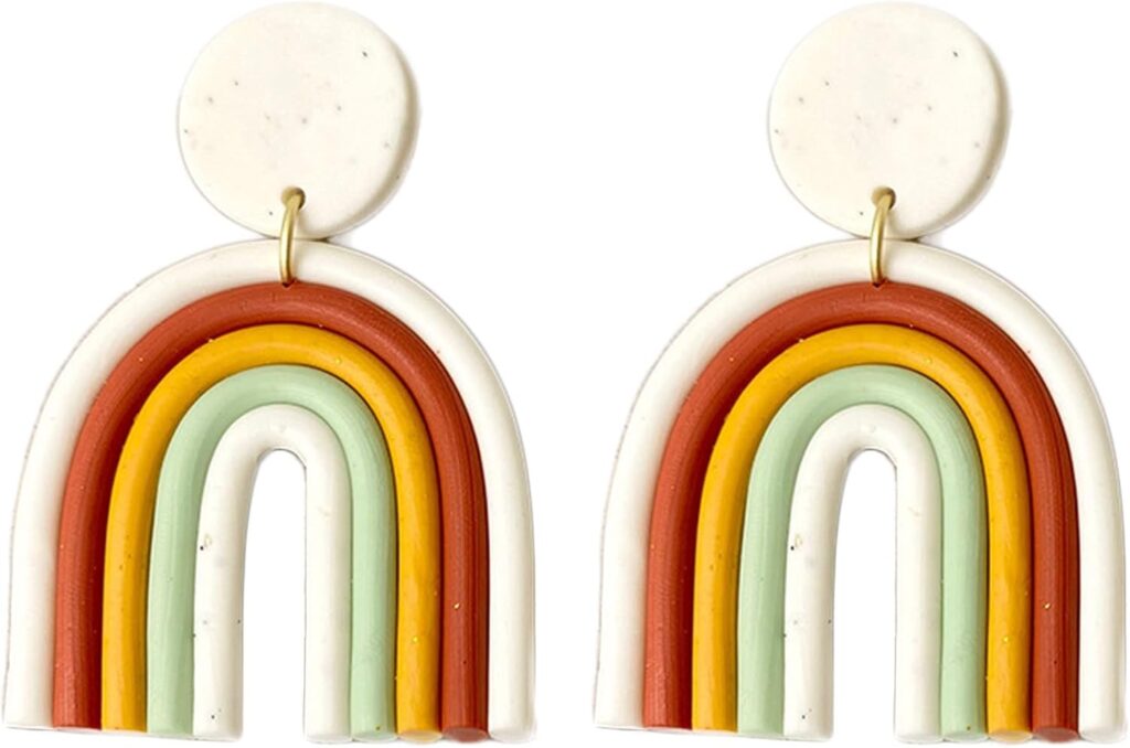Bohemian Layered Polymer Clay U Shape Rainbow Earrings Lightweight Statement Thick Chunky Rainbow Handmade Ceramic Clay Dangle Earrings for Women Girls Birthday Jewelry Gift