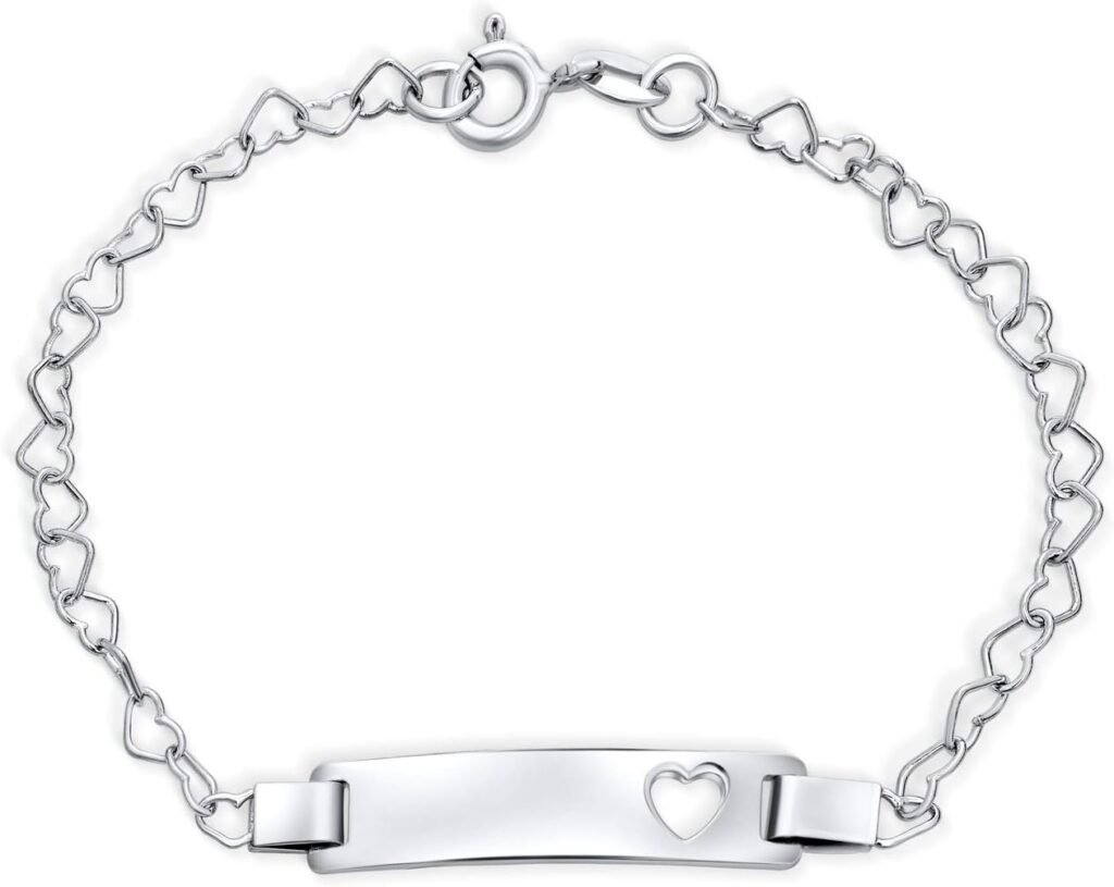 Bling Jewelry Personalized Delicate Petite Name Bar Plated Engrave Heart Thin ID Identification Bracelet For Women Teen .925 Silver Sterling For Small Wrists 6 Inch Customizable
