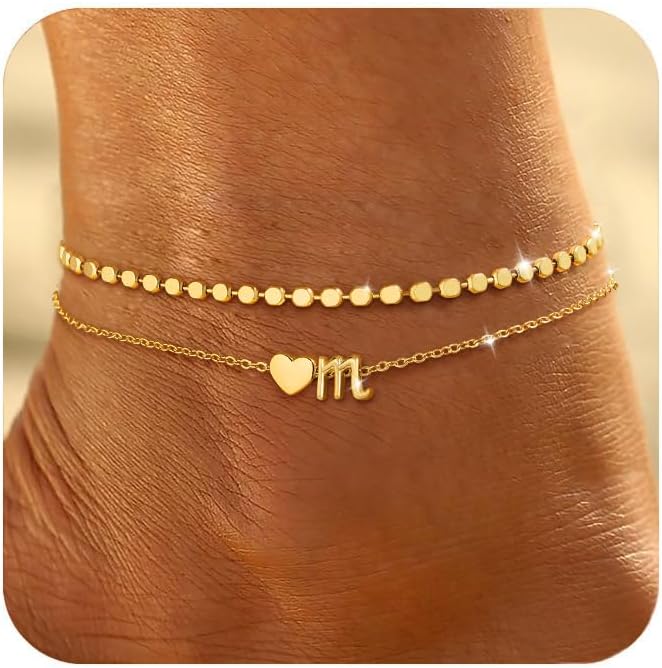Honsny Initial Ankle Bracelets for Women Waterproof 14K Gold Plated Layered Anklets for Women Non Tarnish Dainty Heart Letter A-Z Ankle Bracelets Handmade Adjustable Summer Beach Gold Anklet Jewelry