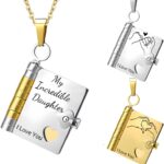 My Incredible Daughter Book Necklace for Daughter Gifts from Mom Dad, Necklaces for Women Openable with 6 Pages of Engraved Information Birthday Day Gift Graduation Jewelry for Love
