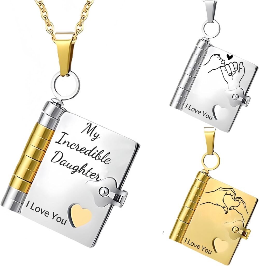 My Incredible Daughter Book Necklace for Daughter Gifts from Mom Dad, Necklaces for Women Openable with 6 Pages of Engraved Information Birthday Day Gift Graduation Jewelry for Love