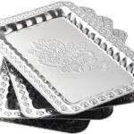 4-Pack Silver Serving Trays Set – ZENOVLUX Swirl Floral Engraved Mirror Decorative Tray, 13.8″ x 8.7″ Party Platters for Whiskey, Cookies, Charcuterie, Snacks, Desserts, Fruit, Party Food Display