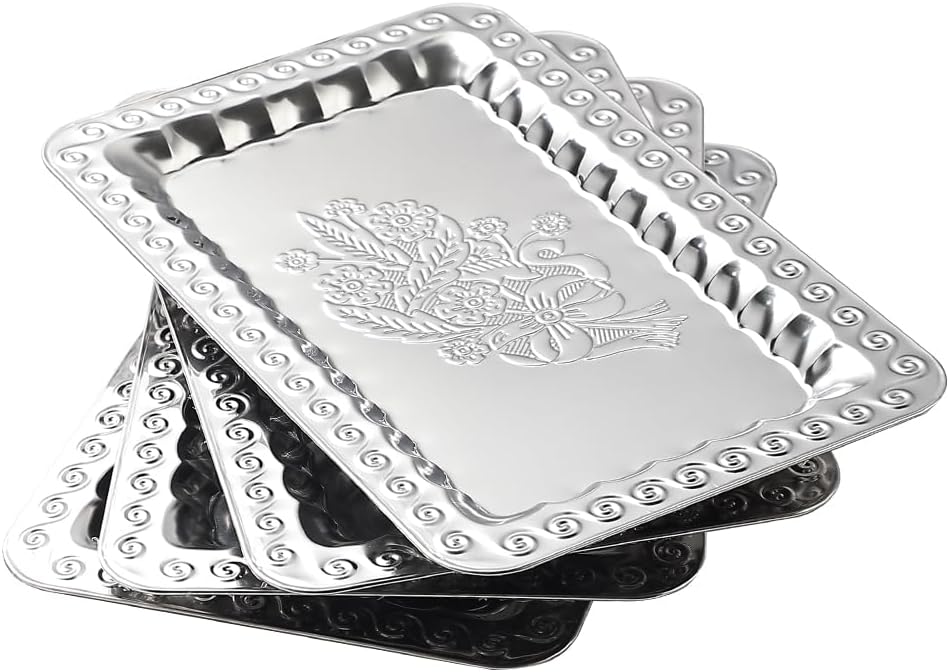 4-Pack Silver Serving Trays Set – ZENOVLUX Swirl Floral Engraved Mirror Decorative Tray, 13.8″ x 8.7″ Party Platters for Whiskey, Cookies, Charcuterie, Snacks, Desserts, Fruit, Party Food Display
