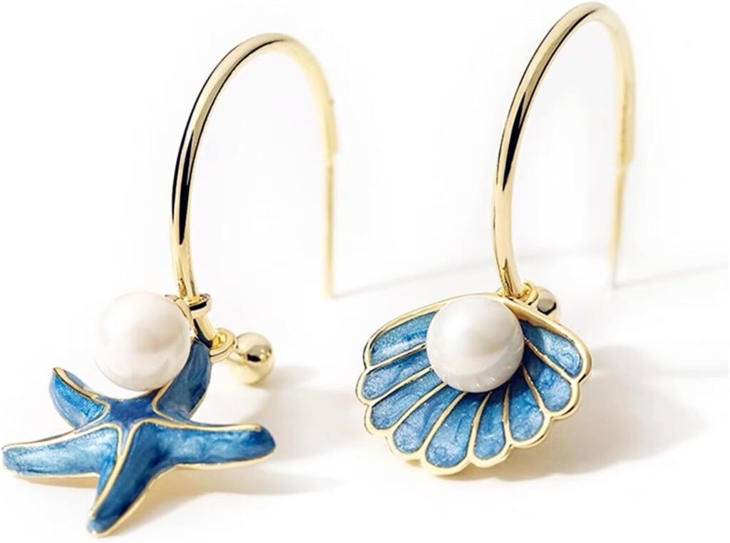 Asymmetric Starfish Seashell Earrings Gold Plated Boho Handmade Charm Cowrie Sea Shell Conch Star Ocean Animals Long Dangle Drop Earrings for Women Hawaii Summer Beach Party Holiday Jewelry Gifts