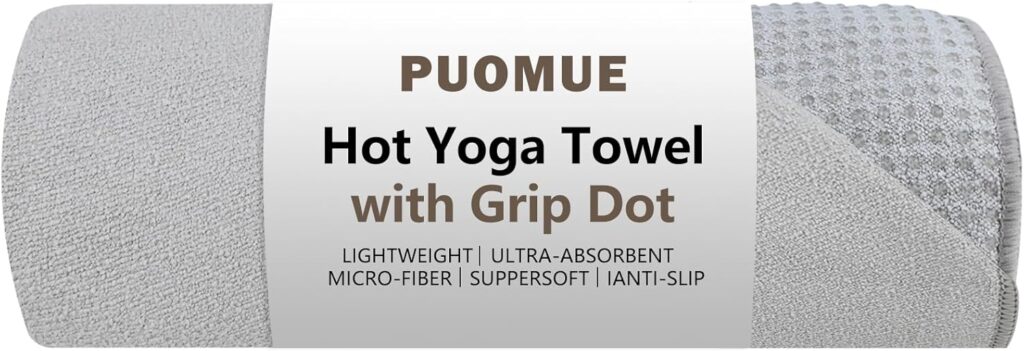 Hot Yoga Towel with Grip Dot, 72″ x 24″, Absorbent Microfiber Non Slip Yoga Mat Towel for Hot Yoga, Bikram, Pilates, Exercise and Fitness, Grey
