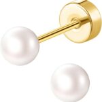 G23 Titanium Flat Back Pearl Stud Earrings for Women Girls 14K Gold Hypoallergenic Screw Back Cartilage Studs 20G Handmade Nap Flatback Helix Tragus Piercing Jewelry