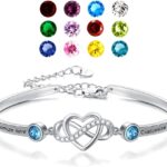 AOBOCO Sterling Silver Personalized Infinity Heart Bangle Bracelet with Name and Birthstones Custom Engraved Bracelet for Women
