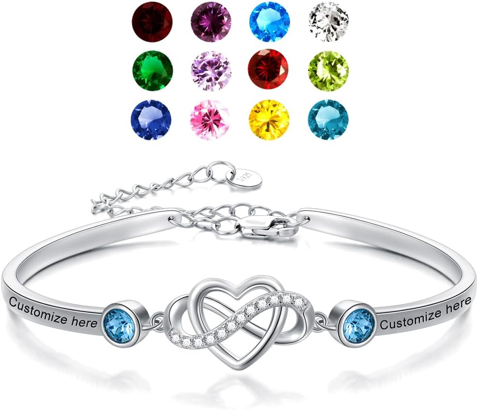 AOBOCO Sterling Silver Personalized Infinity Heart Bangle Bracelet with Name and Birthstones Custom Engraved Bracelet for Women