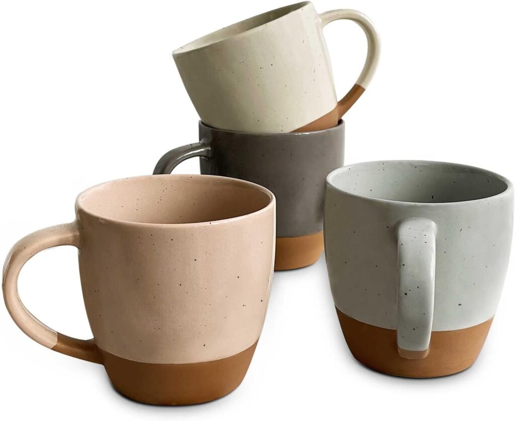 Mora Ceramic Large Latte Mug Set of 4, 16oz – Microwavable, Porcelain Coffee Cups With Big Handle – Modern, Boho, Unique Style For Any Kitchen. Microwave Safe Stoneware – Assorted Neutrals
