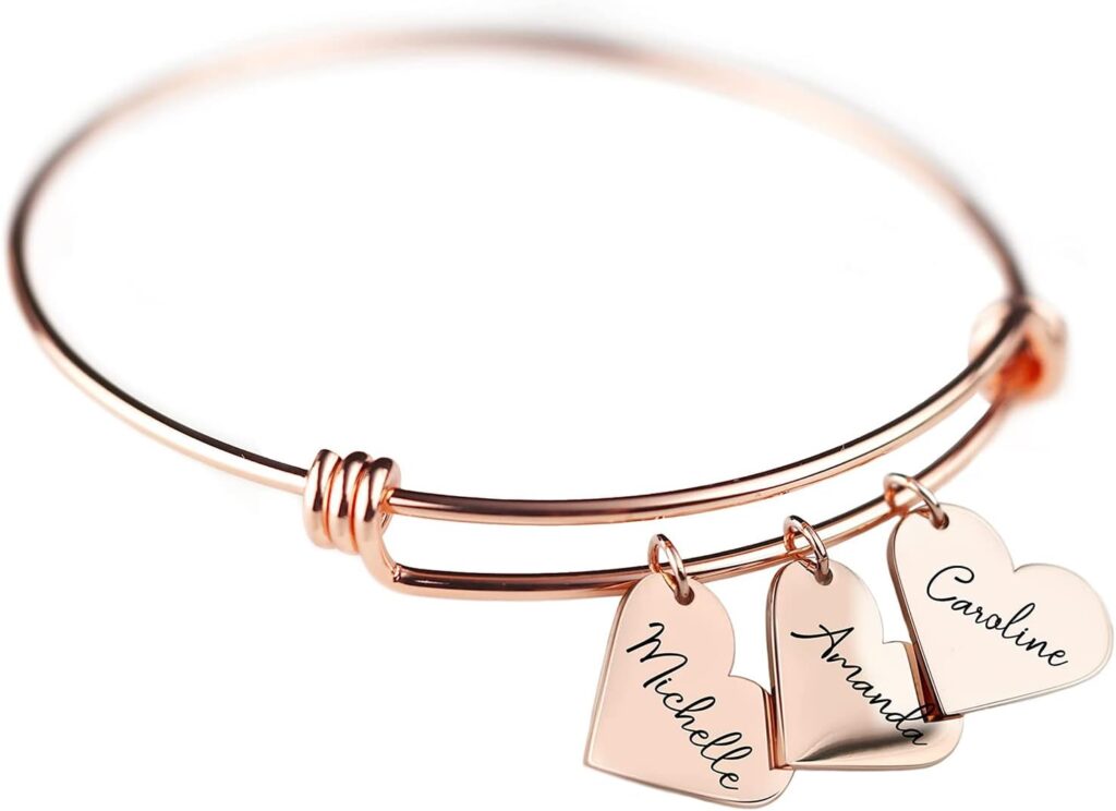 MignonandMignon Custom Heart Charm Bracelet with Engraved Names, Personalized Gift for Women, Mom, Bridesmaids, or Friends, Adjustable Bangle for Graduation, Birthday – ABR-MH