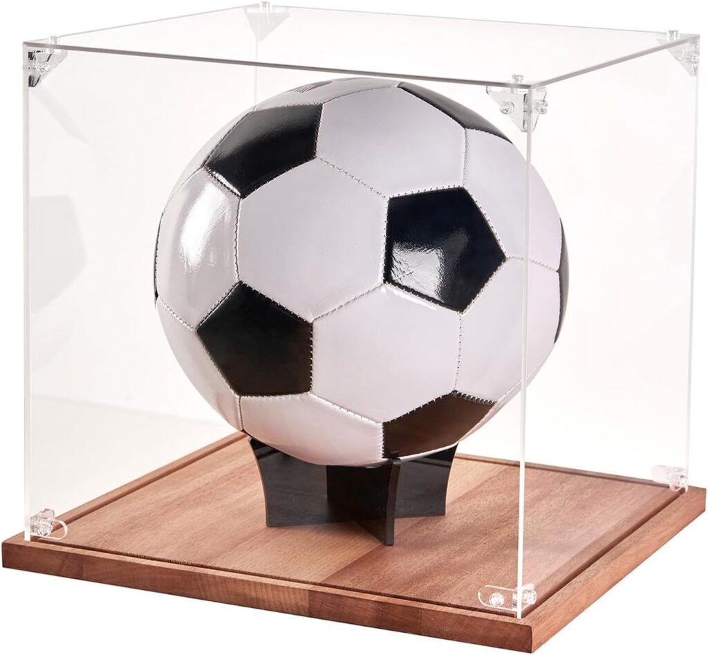 Soccer Ball Display Case , Acrylic Clear 10″ Full Size with Solid Wood Base, UV Protected Soccer Display Stand Box ,Removable Built-in Soccer Ball Stand for Sports Collectibles