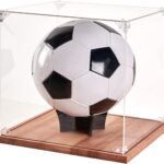 Soccer Ball Display Case , Acrylic Clear 10″ Full Size with Solid Wood Base, UV Protected Soccer Display Stand Box ,Removable Built-in Soccer Ball Stand for Sports Collectibles