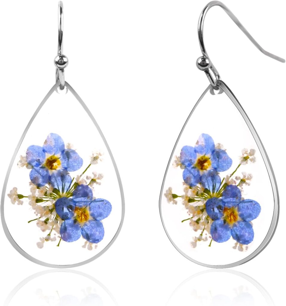 Forget Me Not Handmade Pressed Flower Earrings Sterling Silver Drop Dangle Resin Dry Flower Earrings for Women Trendy