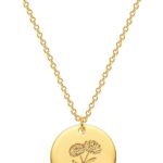 MEVECCO Birth Flower Necklace 18k Gold Custom Floral Pendant Necklaces Dainty Birth Month Flower Disc Hand Stamped Necklace Personalized Jewelry Birthday Gift