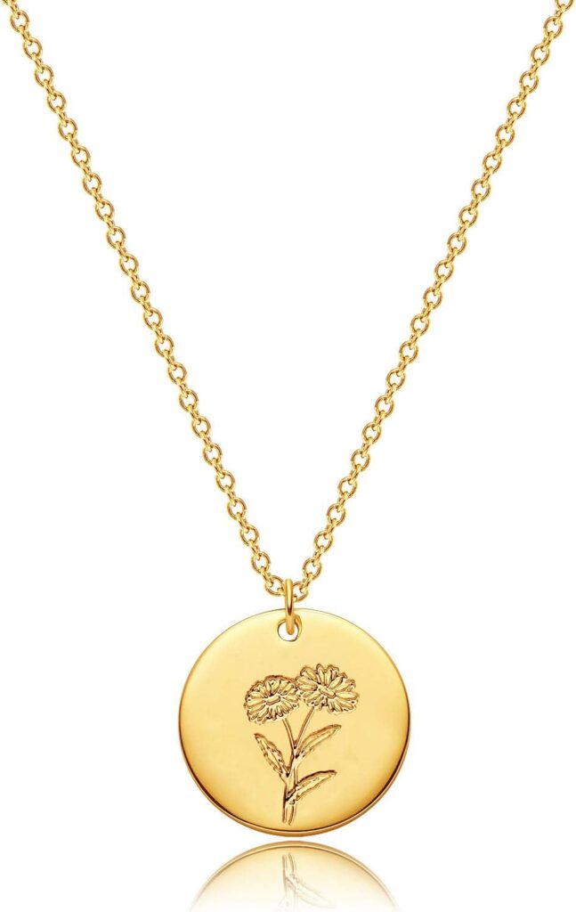 MEVECCO Birth Flower Necklace 18k Gold Custom Floral Pendant Necklaces Dainty Birth Month Flower Disc Hand Stamped Necklace Personalized Jewelry Birthday Gift