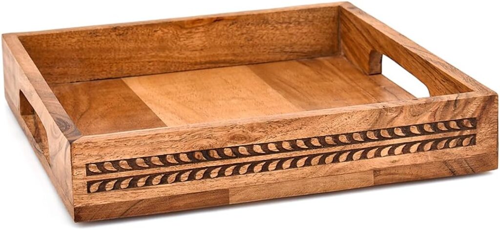 Nirman Serving Trays Acacia Wood with Engraved Design & Cutout Handles | Rustic Farmhouse Food & Drink Server (10″ x 10″ x 1.6″)