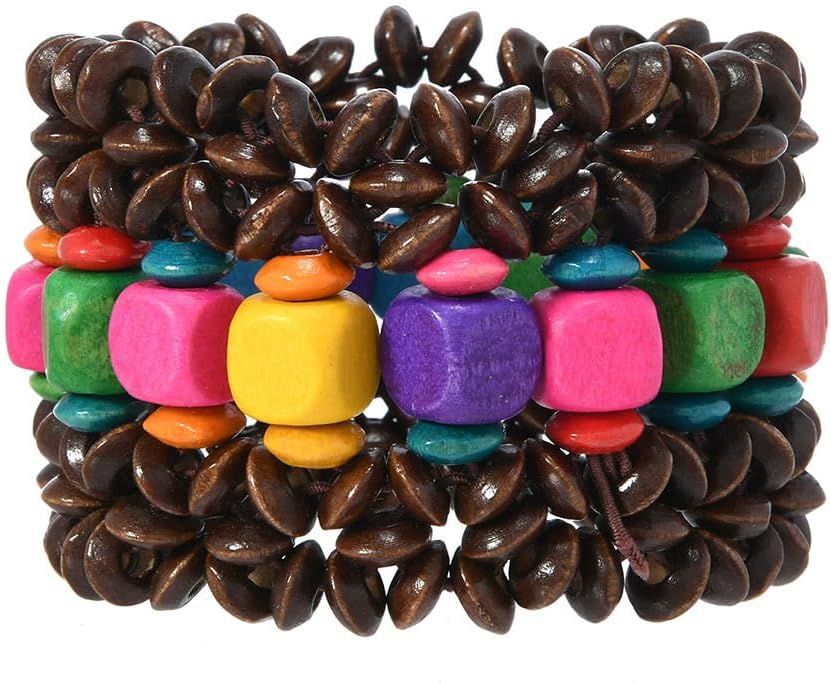 xuzhiyuan Bohemian Wooden Bead Bracelets Boho Colorful Handmade Elastic Stretch Bracelets Design for Women Summer Beach Festival Jewelry