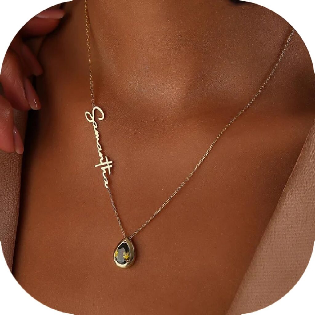 Birthstone Name Necklace Personalized for Women,Custom Sideways 18K Gold Plated Name Necklace Customized Letter Necklace Mom Birthday Christmas Gifts for Her