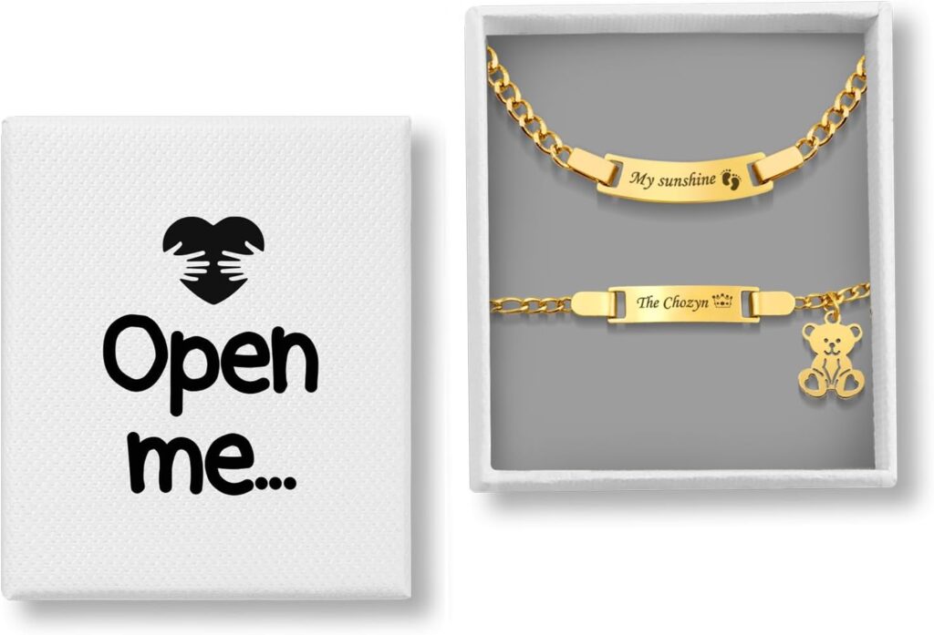 Personalized Baby Name Bar ID Bracelet & Necklace Set Custom Stainless Steel Gold Plated Kids Bracelets and Necklace for Baptism Birthday New Mom