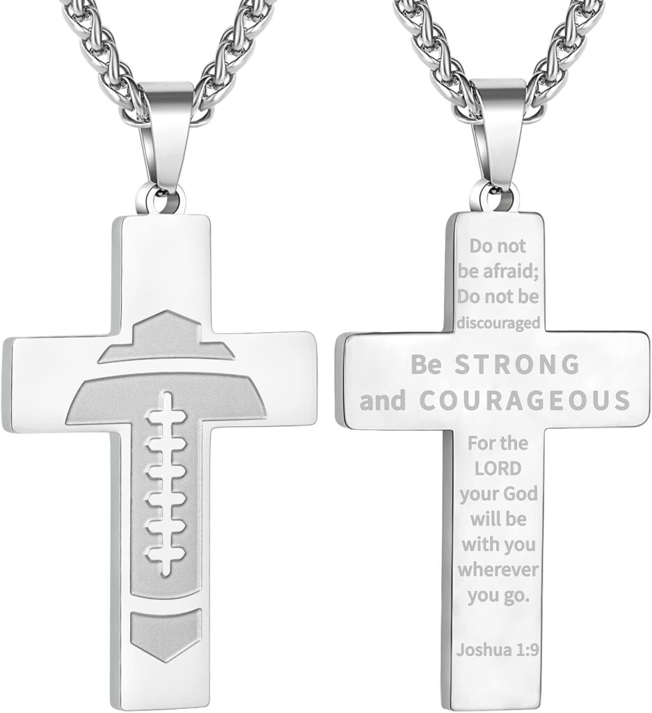 Football Cross Necklace for Boys Men Stainless Steel Bible Verse Pendant with 20+2 Inch Chain First Communion Baptism Religious Sports Jewelry Gift