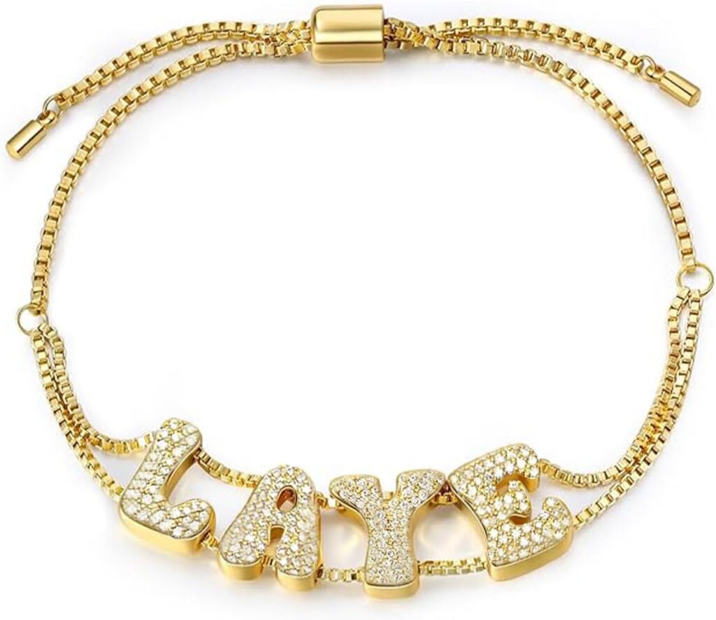 Personalized Bubble Name Bracelet for Women, Custom Name Bracelet with Bubble Letter Charm, 18K Gold Plated Adjustable Cuff Bubble Bracelet, Handcrafted Keepsake Jewelry Gift for Women & Friend