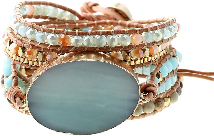 Plumiss Women Boho Handmade Natural Stone Crystal Leather Bead Wrap Bracelets Collection