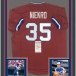Framed Autographed/Signed Phil Niekro 33×42 Atlanta Red Baseball Jersey JSA COA