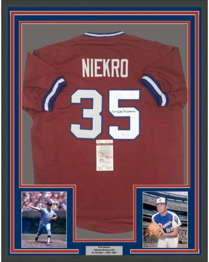 Framed Autographed/Signed Phil Niekro 33×42 Atlanta Red Baseball Jersey JSA COA