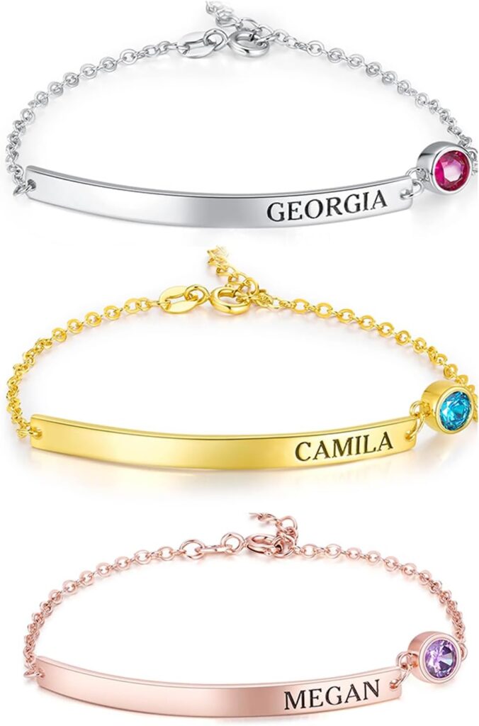 Personalized Engraved Bar Bracelet with Birthstone, Custom Name Bracelet for Women, Dainty Adjustable Birthstone Bracelets, Engraved Bracelets Personalized and Custom Jewelry for Women Friendship