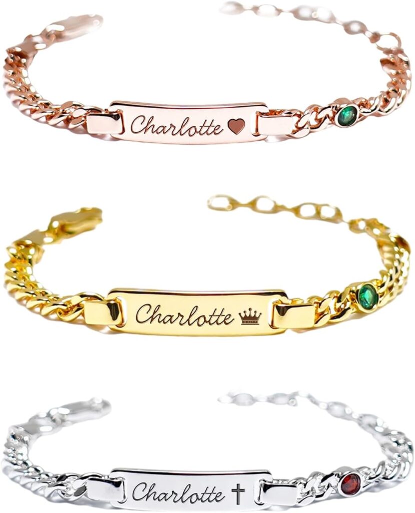 Personalized Baby Name Bracelets with Birthstone, 18k Gold Plated, Adjustable Length, Double-Sided Customisable, with Gift Wrap