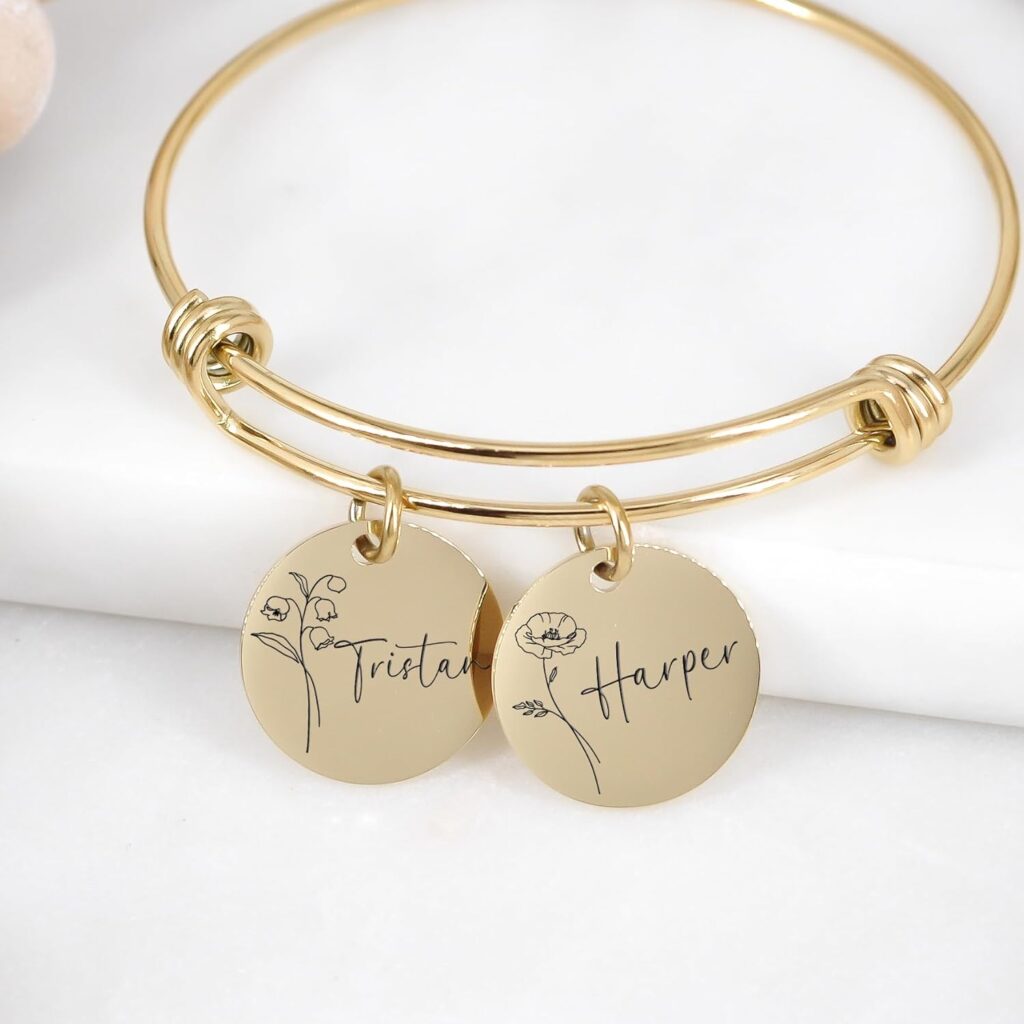 Personalized Yellow Gold Mother’s Bracelet with Names and Birth Flowers – Custom Jewelry for Mom, Nana, Grandma, Gigi, Mimi, or Wife – Sentimental Family Keepsake