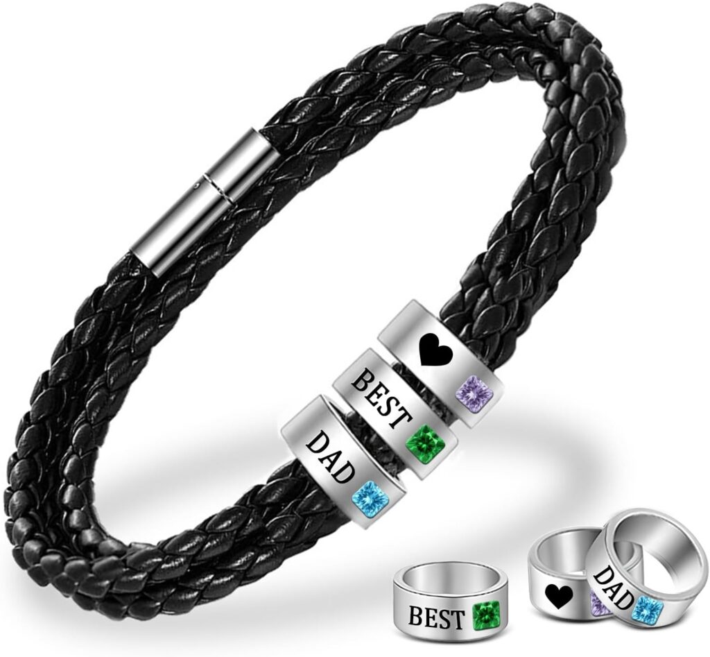 Novgarden Personalized Name Bracelet for Men, Leather Engraved Custom Name Bracelet with Beads, Custom Gifts for Father’s Day, Valentines Day, Anniversary