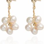 Handmade Wire Craft Freshwater Cultured Pearls Flower Dangling Drop Earrings