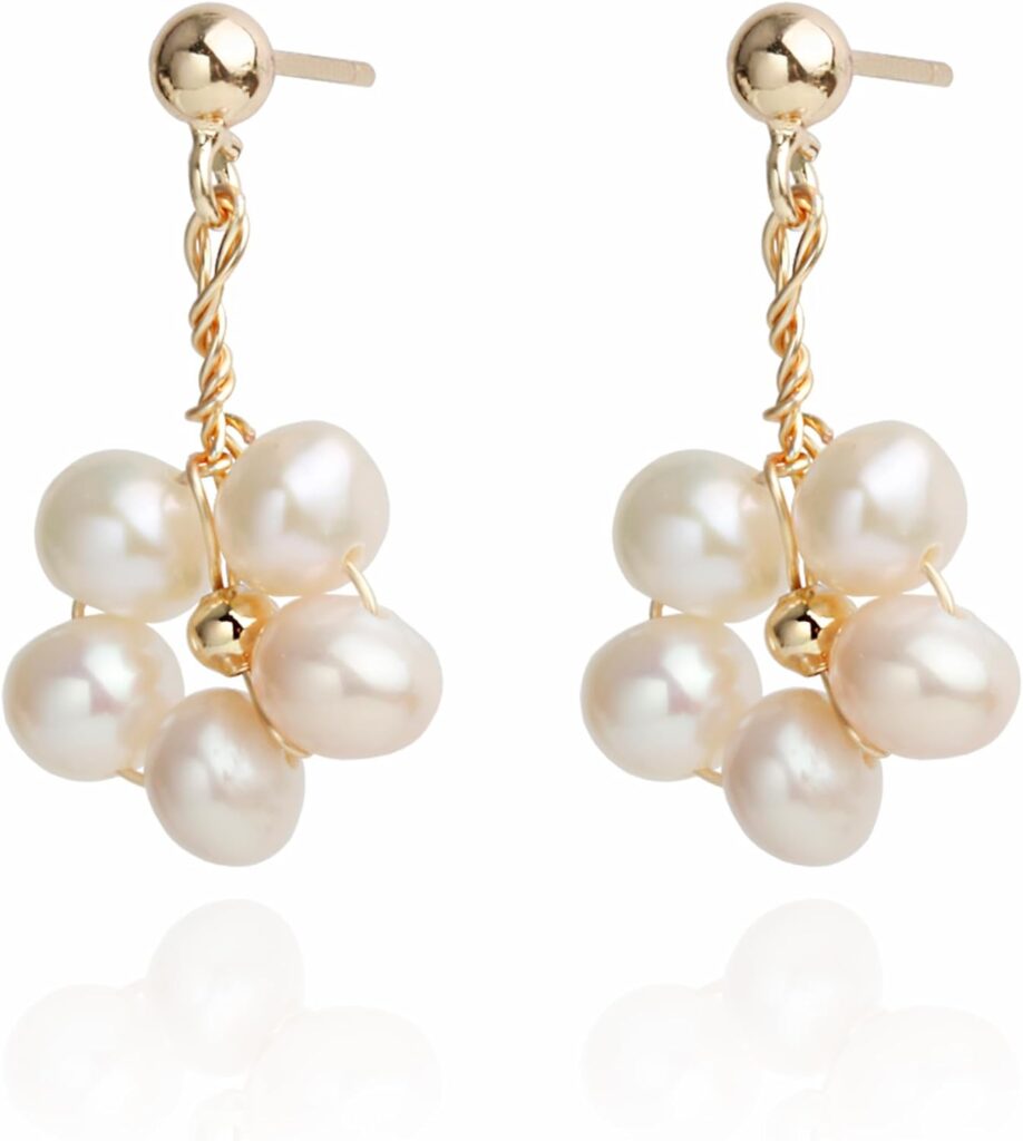 Handmade Wire Craft Freshwater Cultured Pearls Flower Dangling Drop Earrings