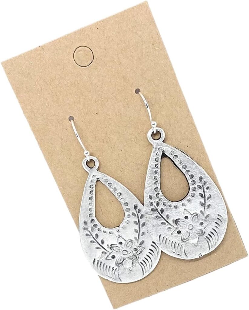 Antique Silver Floral Stamp Teardrop on Sterling Silver Earrings Boho Women Handmade Sundance Dreams Designs