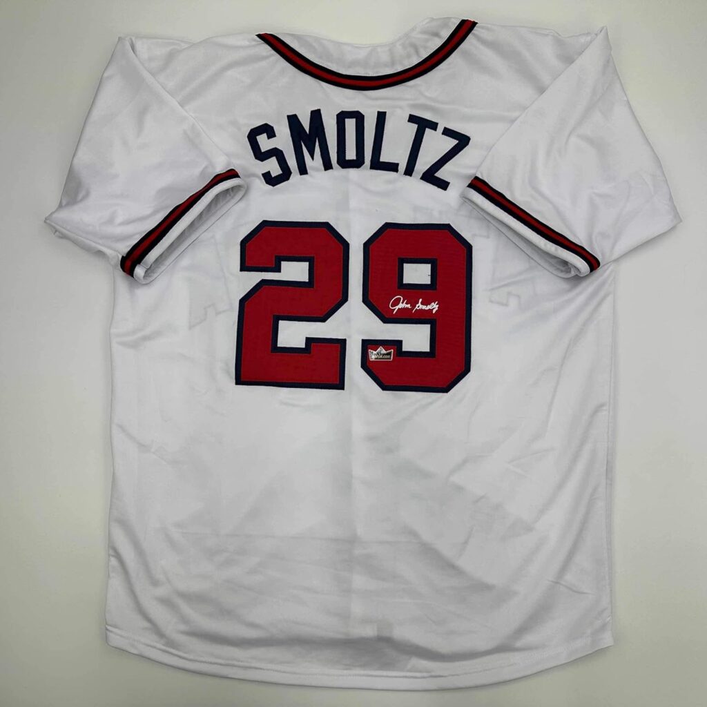 Facsimile Autographed John Smoltz Atlanta White Reprint Laser Auto Baseball Jersey Size Men’s XL