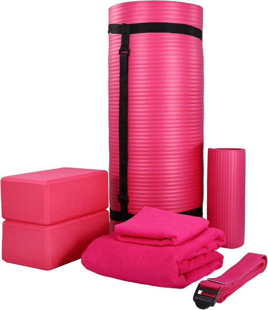 BalanceFrom 7-Piece Yoga Set with 71x24x1 Inches Extra Thick Mat and Carrying Sling – Includes 2 Blocks, Stretch Strap, 2 Towels, and Knee Pad for Home, Studio, and Gym Workouts