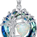 TOUPOP Tree of Life Birthstone Necklace 925 Sterling Silver Pendant Austrian Crystal Jewelry Anniversary Birthday Christmas Gifts for Women Mom Her Wife