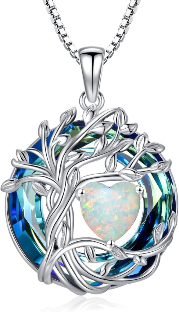 TOUPOP Tree of Life Birthstone Necklace 925 Sterling Silver Pendant Austrian Crystal Jewelry Anniversary Birthday Christmas Gifts for Women Mom Her Wife