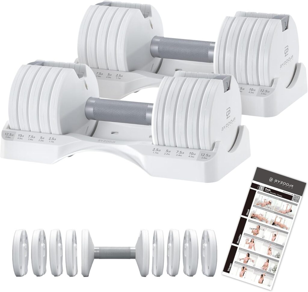 BYZOOM FITNESS Adjustable Dumbbell – 12.5/25lb Single Unit OR Set of 2 – 5-in-1 Adjustable Weight for Home Gym, Strength Training & Fitness Workouts, White OR Black