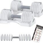 BYZOOM FITNESS Adjustable Dumbbell – 12.5/25lb Single Unit OR Set of 2 – 5-in-1 Adjustable Weight for Home Gym, Strength Training & Fitness Workouts, White OR Black