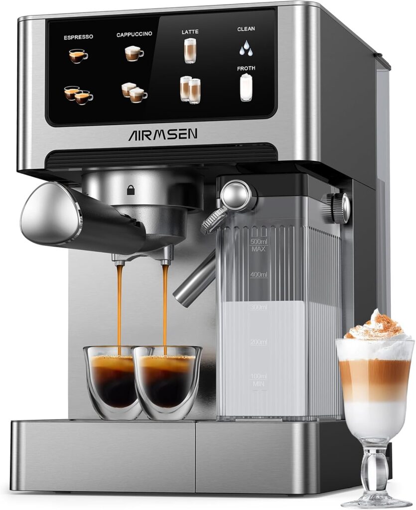 AIRMSEN 20 Bar Espresso Machine with Automatic Milk Frother, Cappuccino & Latte Coffee Maker with Quick Brew Dual Boiler (1350W + 1000W), Stainless Steel, 60oz Water Tank, Touchscreen