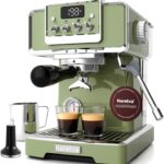 Neretva Espresso Machine, 58mm Professional Espresso Coffee Machine 15 Bar Retro Espresso Maker with Powerful Milk Frother & Visible Pressure Gauge for Home Barista Latte and Cappuccino Maker-Green