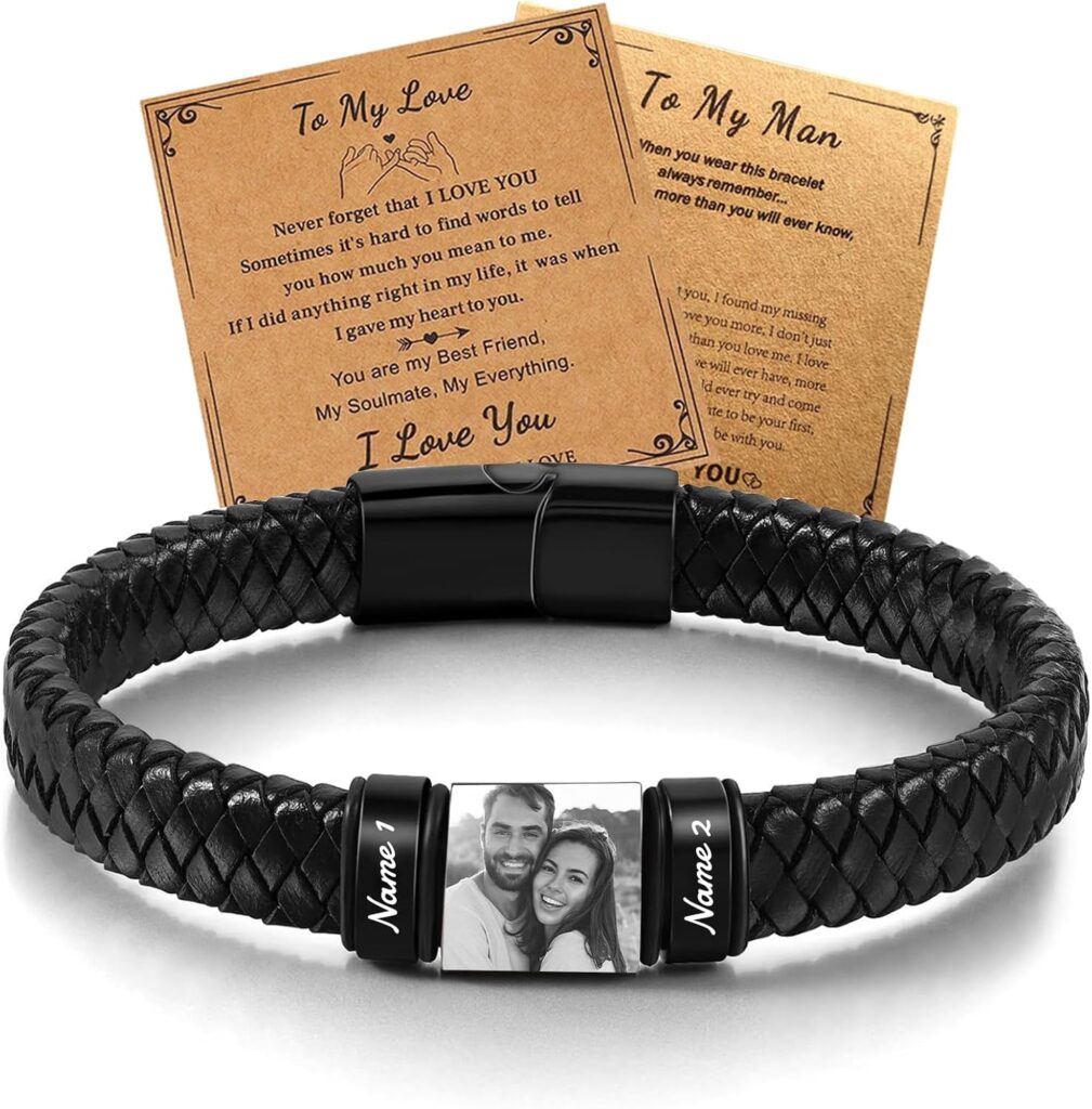 HJX Personalized Picture Bracelet for Men Custom Engraved Bracelets with Photo Name,Valentine’s Day To My Man/Love Bracelet Gift for Boyfriend Husband